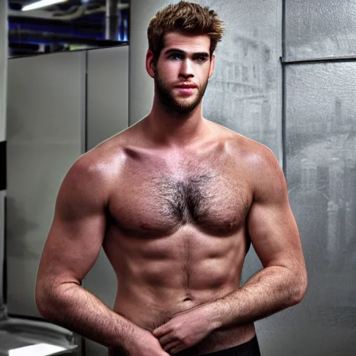 Image similar to a realistic detailed photo of a guy who is an attractive humanoid who is half robot and half humanoid, who is a male android, actor liam hemsworth, shiny skin, posing like a statue, blank stare, in a factory, on display, showing off his muscles