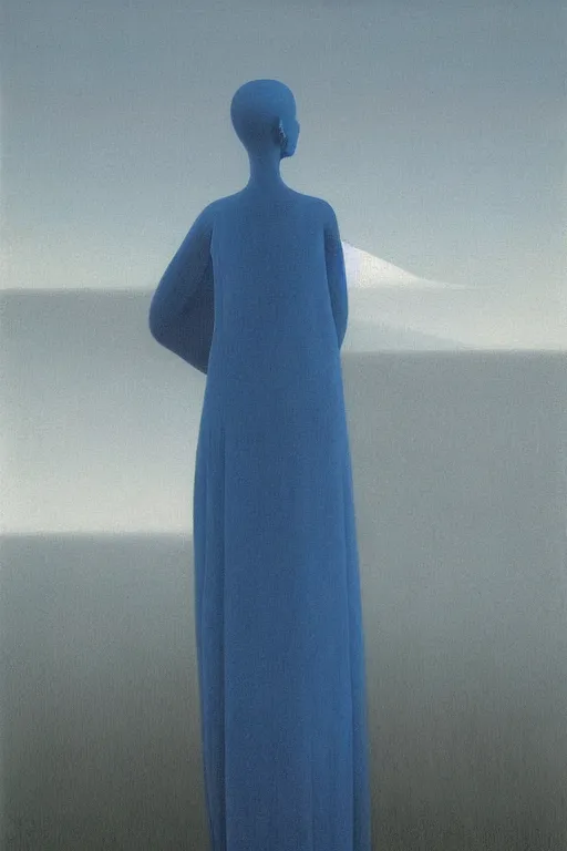 Image similar to girl with a long blue dress looking away on orange background by zdzisław beksinski