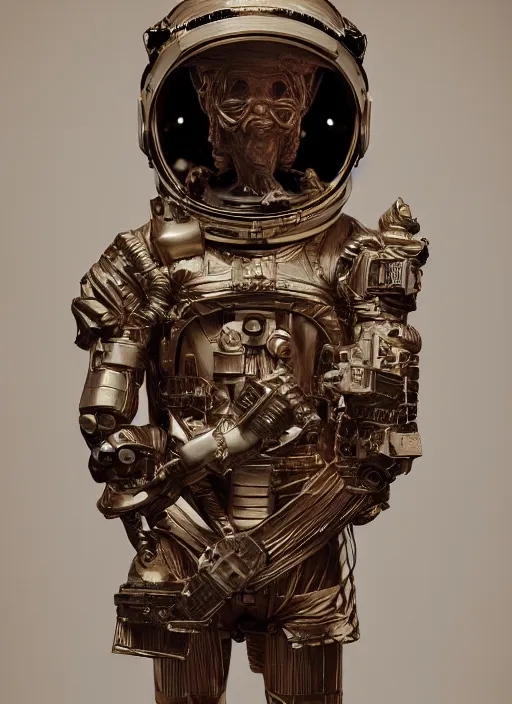 Image similar to high intricate statue of an astronaut carved from wood in baroque style, studio light, maria panfilova, andrea savchenko, mike kime, ludovic plouffe, qi sheng luo, oliver cook, trending on artstation