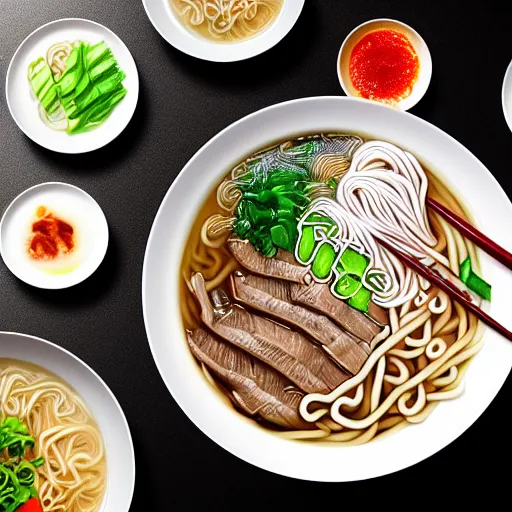 Image similar to flatlay realistic photo of delicious pho, ramen, aesthetic table cloth, highly detailed, by marc haydon, kailee mandel, masterpiece, 8 k hd, award winning, artstation,