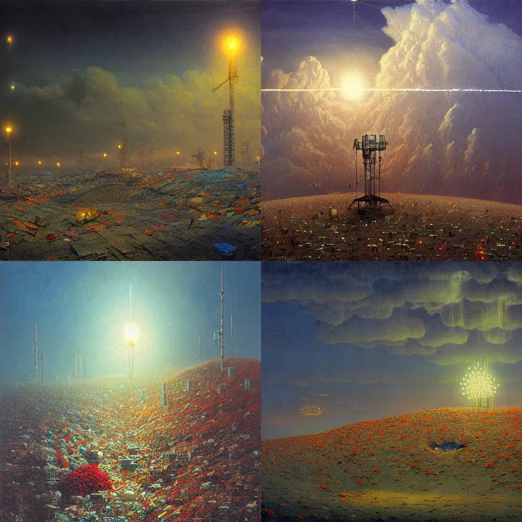 Prompt: detailed painting of a satellite station landfill, exterior, floral ornaments, volumetrics lights, beam of bright lights through the clouds, beksinski, ian mcque