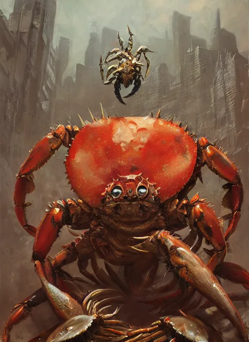 Image similar to Oil painting of a crab monster, portrait, D&D, Magic The Gathering, by Craig Mullins, Nekro, Victo Ngai, centered, symmetrical, 8k, sharp focus