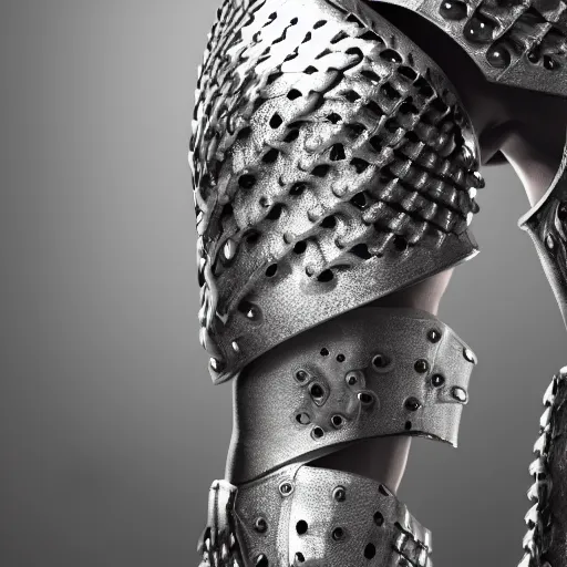 Prompt: tight fitting chainmail armour on an arm. low key cinematic lighting. concept illustration, realistic render