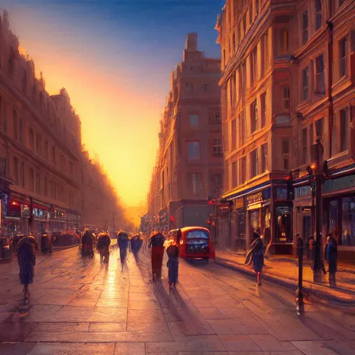 Prompt: a beautifully ultradetailed painting of the london street, early evening, golden hour, artgerm and greg rutkowski, 4 k : 3, : - 1, dof : - 1, blur : - 1, unreal engine, trending on artstation