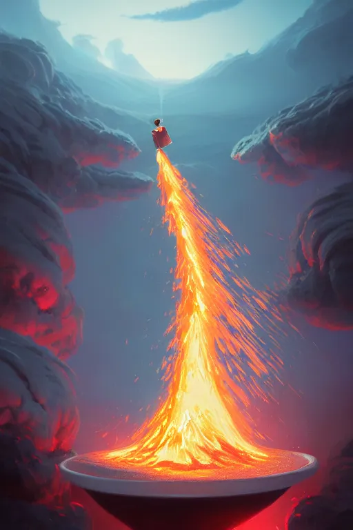 Image similar to coffee cup with whipped cream, volcano erupting from inside the cream, stephen bliss, unreal engine, fantasy art by greg rutkowski, rhads, ferdinand knab, makoto shinkai and lois van baarle, ilya kuvshinov, rossdraws, tom bagshaw, global illumination, radiant light, red blue theme, pine forest