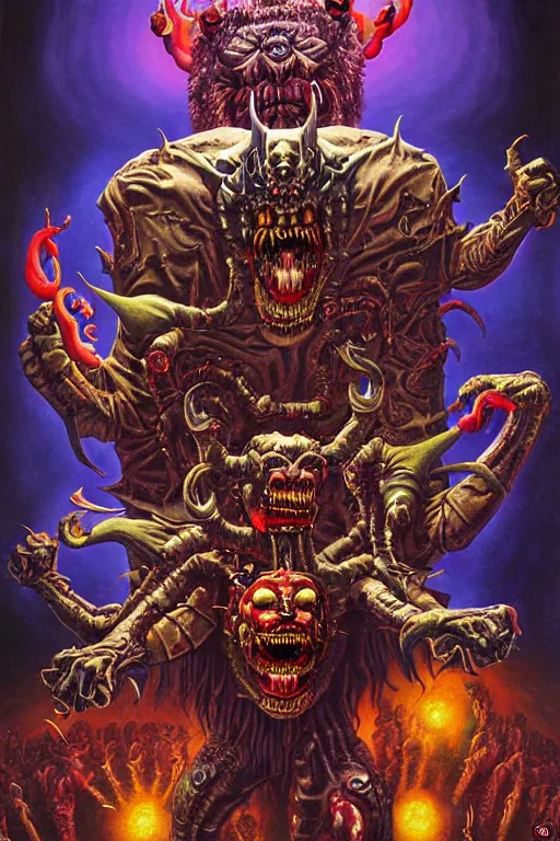 Image similar to a hyperrealistic painting of an epic boss fight against an ornate supreme dark overlord, cinematic horror by chris cunningham, lisa frank, richard corben, highly detailed, vivid color,