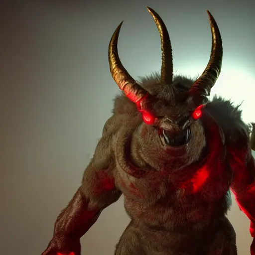 Image similar to cinematography picture of the big monster with horns and big red eye, cyclope, fluffy skin, red soft lights, 8k, unreal engine 5, cel-shading, photography, highly detailed