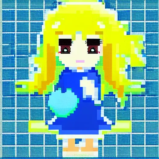 Image similar to pixel art anime girl holding a blue slime, kawaii chibi