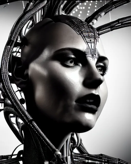 Image similar to black and white cyborg goddess high quality portrait, artificial intelligence, bio-mechanical bio-luminescence, artificial spider web, neurons, nerve cells, octane render, cinematic, hyper realism, high detail, 8k, in the style of Steven Meisel and Dora Maar and H.G. Giger