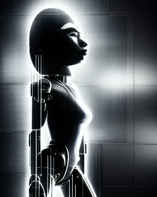 Image similar to black and white high quality photo of a beautiful futuristic female posthuman-cyborg looking into a sci-fi mirror, volumetric lighting, liminal space, brutalism, foggy, dreamy, hyperdetailed, bokeh, photorealistic, cinematic, masterpiece, Metropolis, elegant, dark, octane render, 8K, in the style of Dora Maar and Man Ray