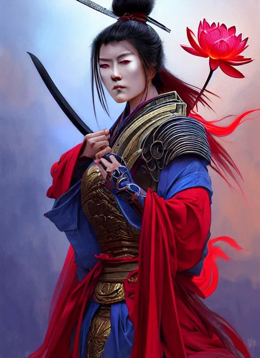 Image similar to cinematic concept movie scene of a wrathful samurai warrior woman dressed in red holding a lotus flower killing street thugs dressed in blue garb, cinematic scene, intricate, elegant, highly detailed, lotus flower, digital painting, artstation, concept art, smooth, sharp focus, illustration, art by artgerm and greg rutkowski and alphonse mucha and wlop