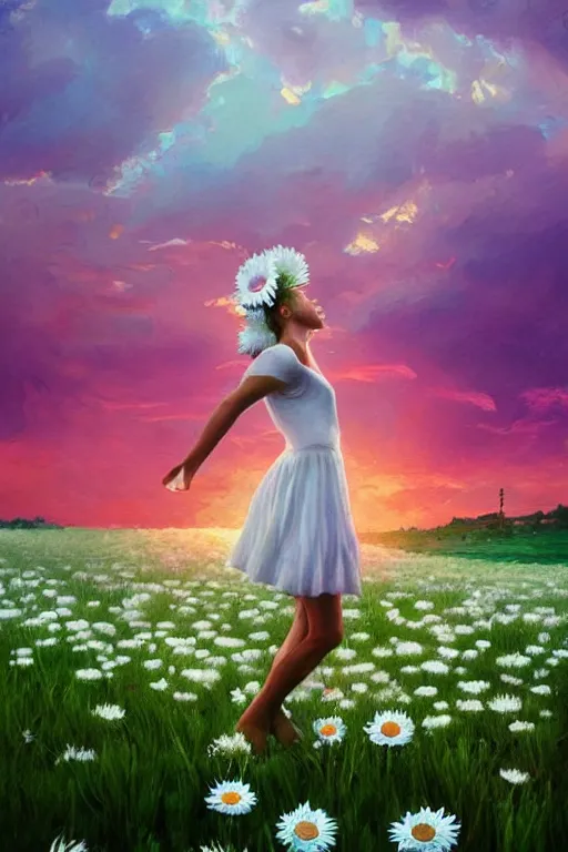 Image similar to face made of giant white daisy flower, girl dancing in a flower field, surreal photography, sunrise, dramatic light, impressionist painting, colorful clouds, digital painting, artstation, simon stalenhag