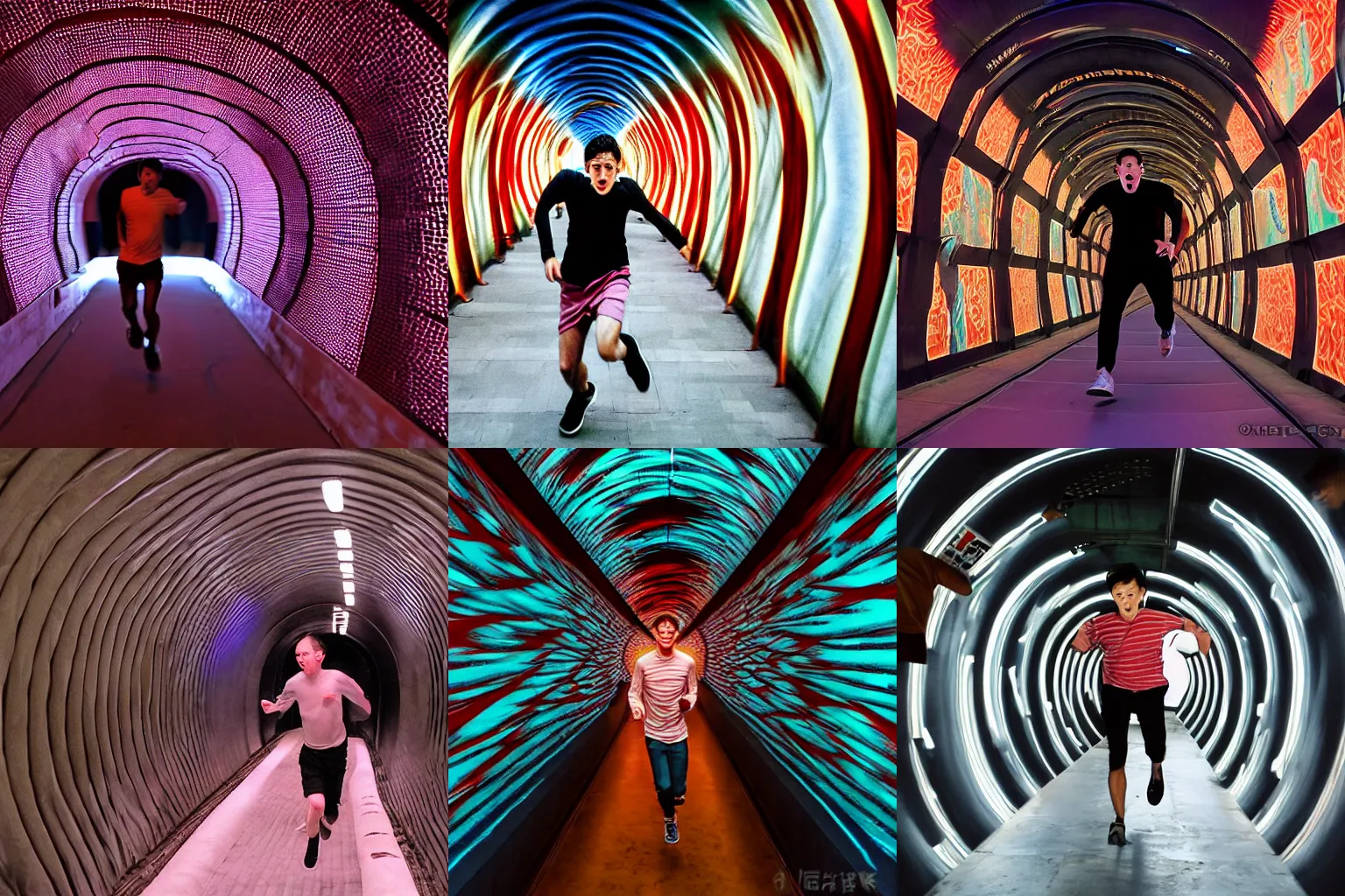 Image similar to terrified young man in a straightjacket running toward you in the Bund Sightseeing Tunnel, Shanghai, China by Alex Grey and Jeffrey Smith