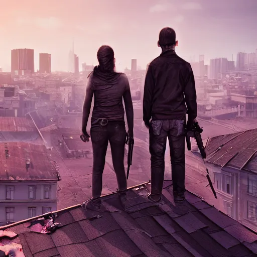 Prompt: Two survivors standing on a rooftop looking at the zombie horde, trending on artstation, matte painting, hyperrealistic, 4k