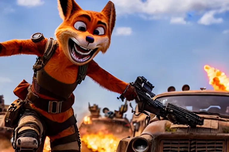 Image similar to nick wilde, heavily armed and armored facing down armageddon in a dark and gritty reboot from the makers of mad max : fury road