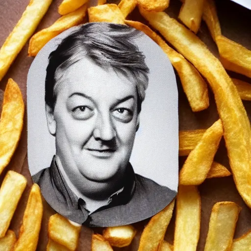 Image similar to photo of [ a french fry chip ] shaped like stephen fry as a hybrid intercross mix