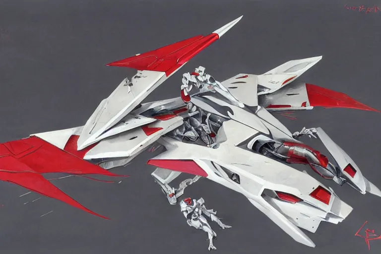 Prompt: a pteranodon mecha fighter, white john berkey armor panels, wine-red trim, skull insignia, robotech styling with Kanji markings, boeing concept art painting