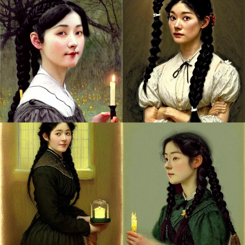 Prompt: a (sadly) (((smiling)))) black haired, young hungarian servantmaid from the 19th century who looks very similar to ((Lee Young Ae)) with a two french braids, detailed, soft focus, candle light, pastel, character concept art by Csók István, John Everett Millais, Henry Meynell Rheam, Munkácsy, Csók István, and da Vinci