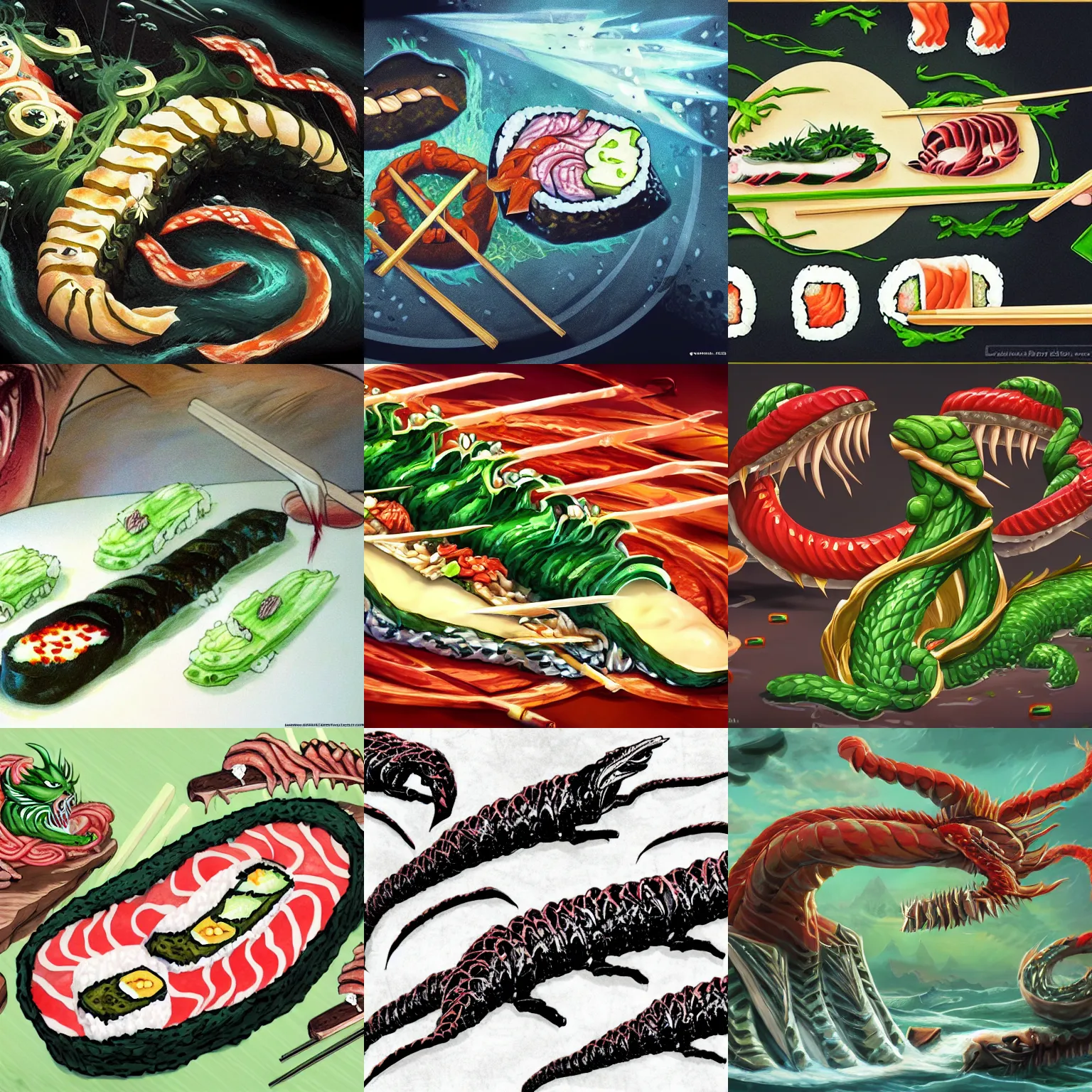 Prompt: A mythical Hydra being made into sushi, fantasy art wallpaper concept art