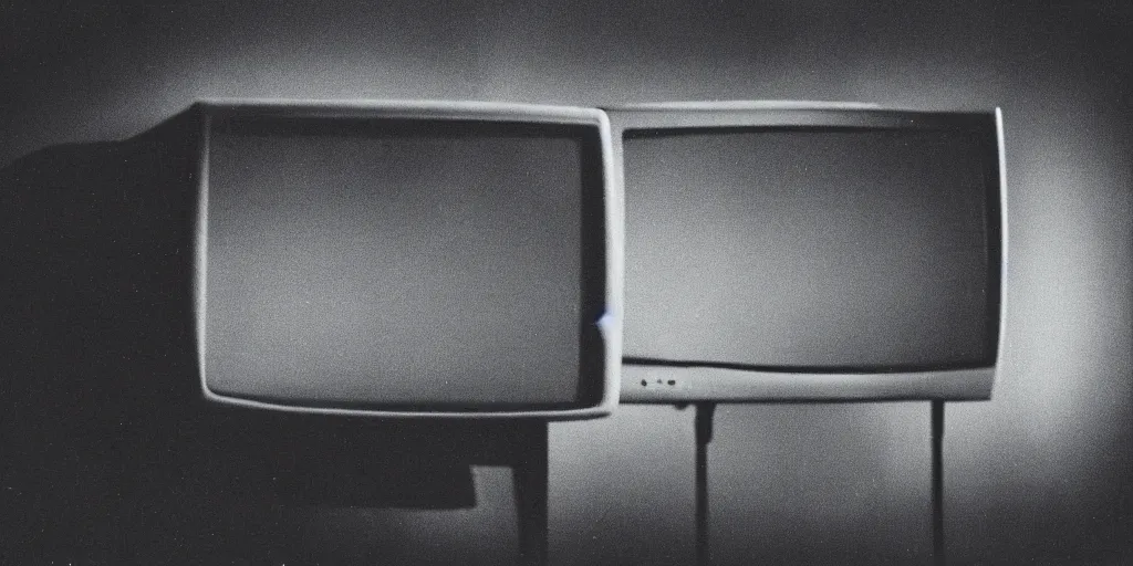 Image similar to an old CRT tv showing static in a creepy dimly lit liminal room