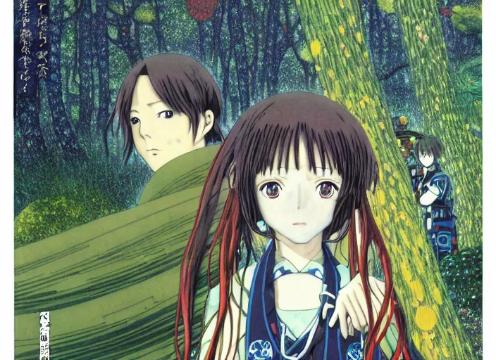 Prompt: anime lost in the forest,last exile, blue submarine no. 6, katsura masakazu,tsutomu nihei, gustav klimt,loish, murata range, kawaii, manga, bright colors,beautiful, 35mm lens,noir, vibrant, gradation, jean giraud, moebius, fantasy, rule of thirds fibonacci, intricate, matte print, smooth, Ilya Kuvshinov