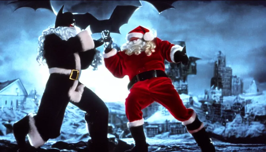 Image similar to santa claus fighting michael keaton batman. Film screencap, epic lighting, award winning