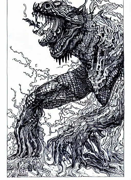 Image similar to pen and ink illustration of a demon monster, blue lightning strikes, agony