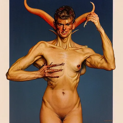 Image similar to upper body portrait a thick-necked horned demon, by norman rockwell and boris vallejo