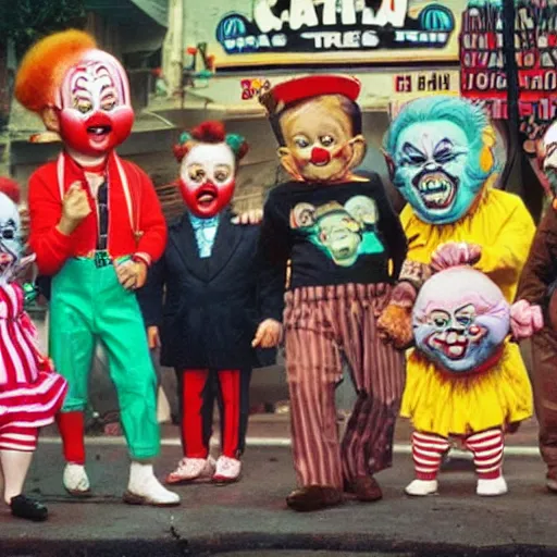 Image similar to garbage pail kids watching a gang of 1950s clown street performers,