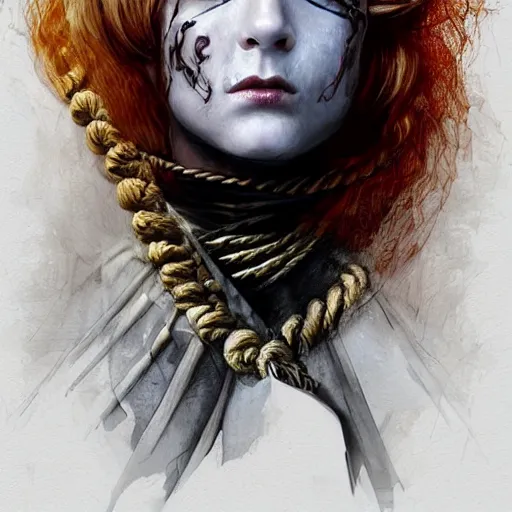 Image similar to portrait of a Shibari rope wrapped face and neck, headshot, insanely nice professional hair style, dramatic hair color, digital painting, of a old 15th century, roman soilder, amber jewels, baroque, ornate clothing, scifi, realistic, hyperdetailed, chiaroscuro, concept art, art by Franz Hals and Jon Foster and Ayami Kojima and Amano and Karol Bak,