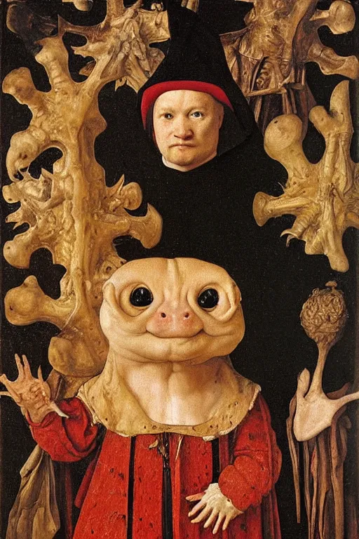 Image similar to portrait cute humanoid axolotl, oil painting by jan van eyck, northern renaissance art, oil on canvas, wet - on - wet technique, realistic, expressive emotions, intricate textures, illusionistic detail