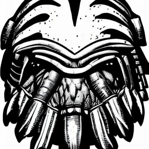 Prompt: wall street journal hedcut portrait of predator from the movie predator