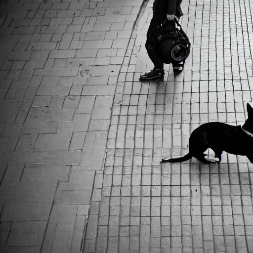 Prompt: giant dog looking at photographer ; from the street level, cinematic angle, upward perspective