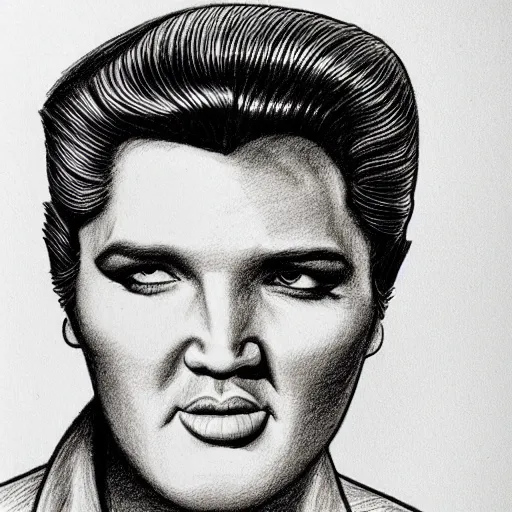 Image similar to a pencil sketch of Elvis drawn by Robert Crumb