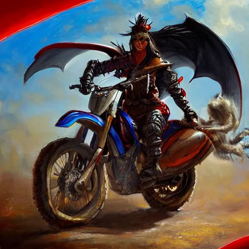 Image similar to a painting of a woman warrior riding a dirt bike in the middle of epic fantasy fight with a huge black dragon