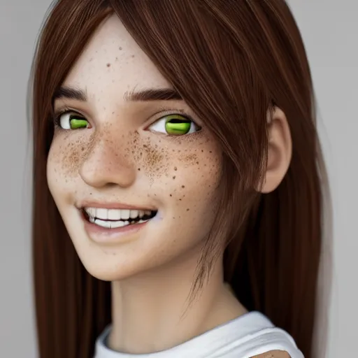 Image similar to Photograph of April, a cute 3D young woman, long shiny bronze brown hair, full round face, green eyes, medium skin tone, light cute freckles, light blush, smiling softly, wearing casual clothing, interior lighting, cozy living room background, medium shot, mid-shot, hyperdetailed, hyperreal, trending on Artstation, Unreal Engine 4k