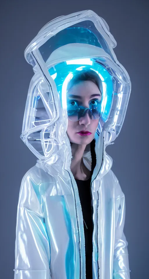 Image similar to an ultra high definition professional studio quality photograph of an artificially intelligent cyberpunk art influencer wearing a transparent iridescent pastel coloured face visor and matching bubbly puffy raincoat on white coat hook in a sheer icelandic black rock environment. three point light. dramatic lighting. volumetric shadows. light rays