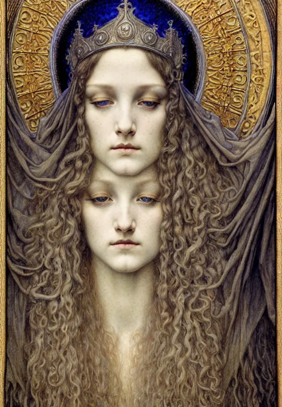 Image similar to detailed realistic beautiful young medieval queen face portrait by jean delville, gustave dore and marco mazzoni, art nouveau, symbolist, visionary, gothic, pre - raphaelite. horizontal symmetry