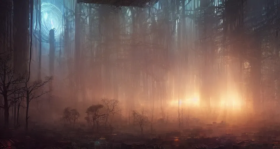 Image similar to Cyber space forest scene, Giant Aztec space city, volumetric light, fog, dusk lighting, intricate details ,by denis villeneuve, Ridley Scott, Greg Rutkowski and Alphonse Mucha