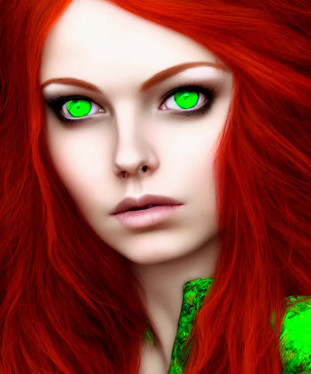 Prompt: Beautiful young woman, Fae, Fantasy, highly detailed, portrait, long red hair, green highlights