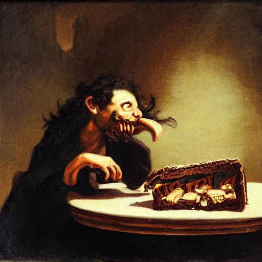 Image similar to saturn devouring a snickers chocolate bar, goya painting, in the style of goya and greg rutkowski, in the style of black paintings, 8 k, highly realistic