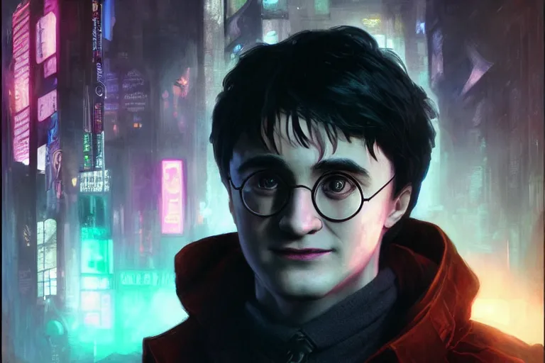 Prompt: portrait of Harry Potter in cyberpunk, neon lighting, portrait in center, digital art from artstation by Ruan Jia and Mandy Jurgens and Artgerm and william-adolphe bouguereau and Greg Rutkowski and Wayne Barlowe