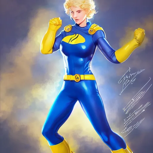 Image similar to character sheet of power girl wearing blue full bodysuit, yellow Jacket, blue backpack and yellow boots by Stanley Artgerm Lau, WLOP, Rossdraws, James Jean, Andrei Riabovitchev, Marc Simonetti, Yoshitaka Amano, ArtStation, CGSociety