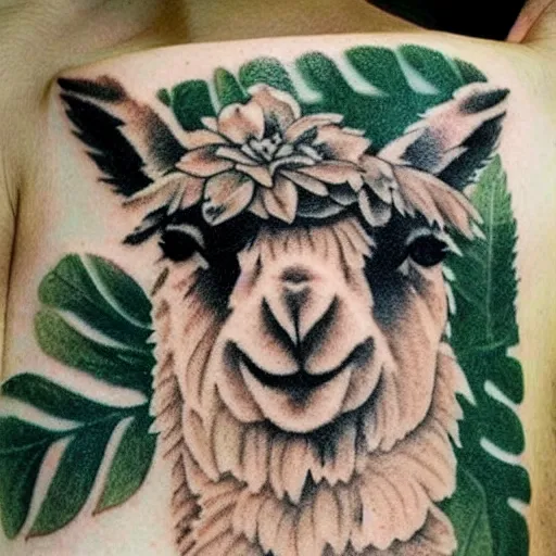 Image similar to tattoo idea of a alpaca face on a green leaf