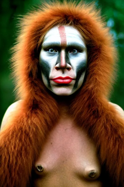 Prompt: a professional portrait photo of a neanderthal woman forest, face paint, ginger hair and fur, extremely high fidelity, natural lighting, still from the movie quest for fire