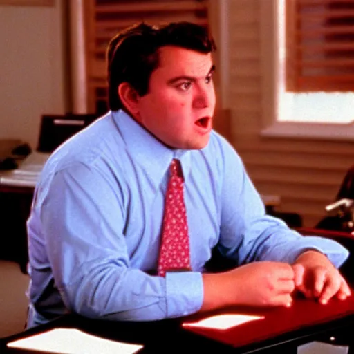 Image similar to clean - shaven chubby white wearing a shirt and necktie sitting at a desk, 1 9 8 9 movie still, cinematography, cinematic lighting