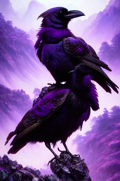 Image similar to portrait of a beautiful one raven perched on purple crystals that are glowing in a misty valley, establishing shot, extremly high detail, foto realistic, cinematic lighting, by yoshitaka amano, ruan jia, kentaro miura, artgerm, post processed, concept art, artstation, raphael lacoste, alex ross