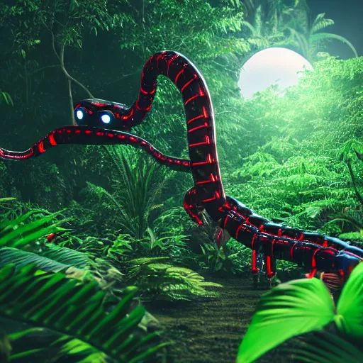 Image similar to robot snake in the middle of the jungle spying enemy country, red glowing eyes, dense jungle, middle of night, hd, uhd, 8 k, octane render