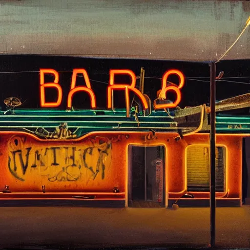 Image similar to painting of a bar exterior in antique western town with neon signs, todd hido