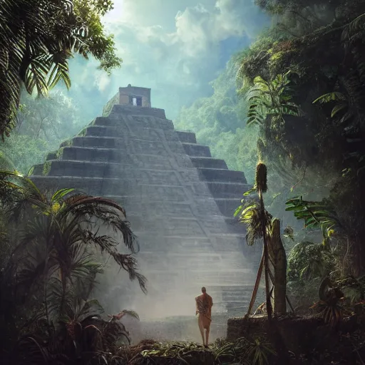 Image similar to mayan temple in the jungle, by tom bagshaw, by gaston bussiere, sunlit, mist, octane render